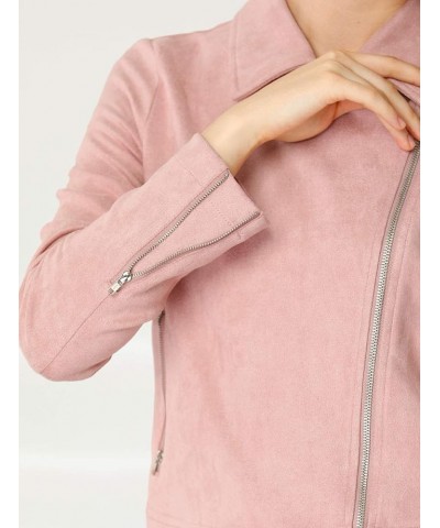 Women's Short Soft Zip Up Faux Suede Biker Moto Jacket Pink $24.48 Coats