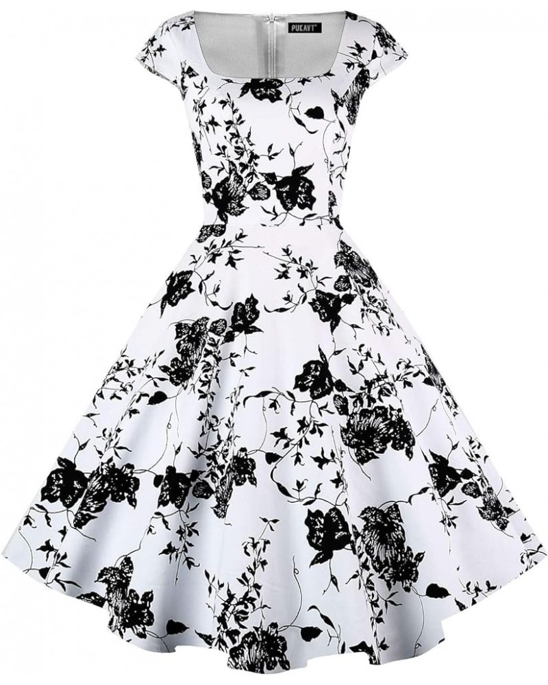 Women's Cocktail Party Dress Cap Sleeve 1950 Retro Swing Dress with Pockets Z-white Floral $14.35 Dresses