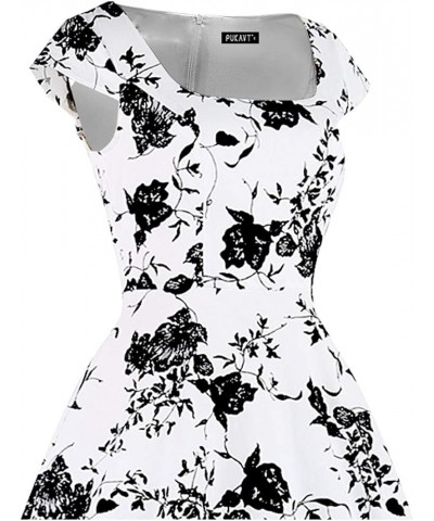 Women's Cocktail Party Dress Cap Sleeve 1950 Retro Swing Dress with Pockets Z-white Floral $14.35 Dresses