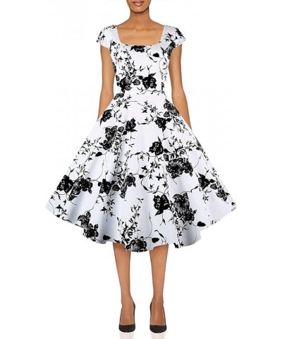 Women's Cocktail Party Dress Cap Sleeve 1950 Retro Swing Dress with Pockets Z-white Floral $14.35 Dresses