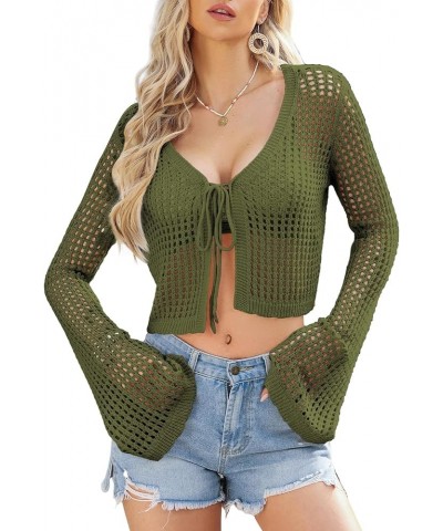 Womens Crochet Cardigan Sweater Kimonos Boho Lace-up Summer Cropped Open Front Outwear Green $15.38 Sweaters