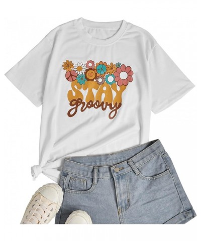 Women's Summer Hippie 70s T Shirt Cute Flower Graphic Loose Tees Crew Neck Short Sleeve Casual Tops White $9.24 T-Shirts