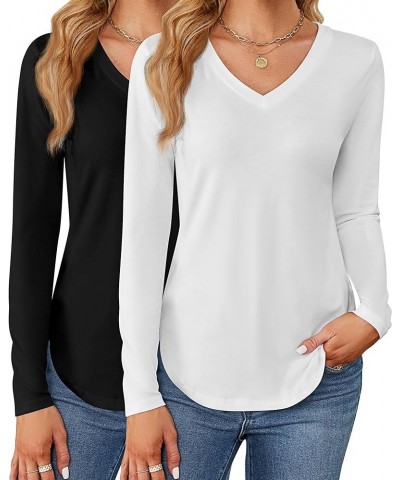 2 Pack Women's V Neck T Shirts, Short or Long Sleeve Tunic Tops Causal Summer Basic Shirts Solid Hem Tee Blouses Black, White...