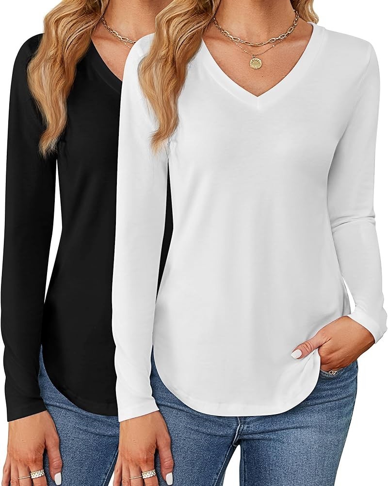 2 Pack Women's V Neck T Shirts, Short or Long Sleeve Tunic Tops Causal Summer Basic Shirts Solid Hem Tee Blouses Black, White...