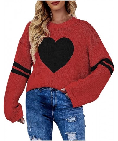 2023 Valentine's Day Sweater for Women Loose Casual Long Sleeve Crewneck Knit Pullover Heart Print Lightweight Jumper Tops Re...