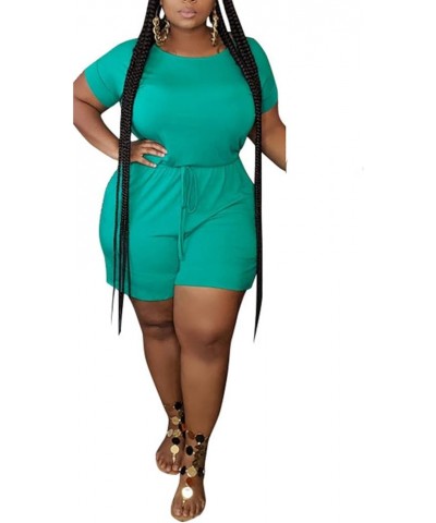 Women's Plus Size Summer Solid Jumpsuit Casual Loose Short Sleeve Jumpsuit Rompers with Pockets Elastic Waist Playsuit Green ...