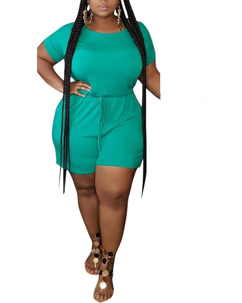 Women's Plus Size Summer Solid Jumpsuit Casual Loose Short Sleeve Jumpsuit Rompers with Pockets Elastic Waist Playsuit Green ...