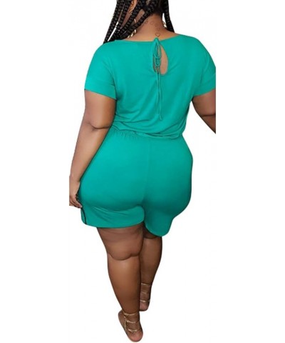 Women's Plus Size Summer Solid Jumpsuit Casual Loose Short Sleeve Jumpsuit Rompers with Pockets Elastic Waist Playsuit Green ...