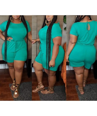 Women's Plus Size Summer Solid Jumpsuit Casual Loose Short Sleeve Jumpsuit Rompers with Pockets Elastic Waist Playsuit Green ...