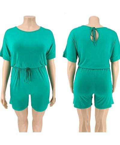 Women's Plus Size Summer Solid Jumpsuit Casual Loose Short Sleeve Jumpsuit Rompers with Pockets Elastic Waist Playsuit Green ...