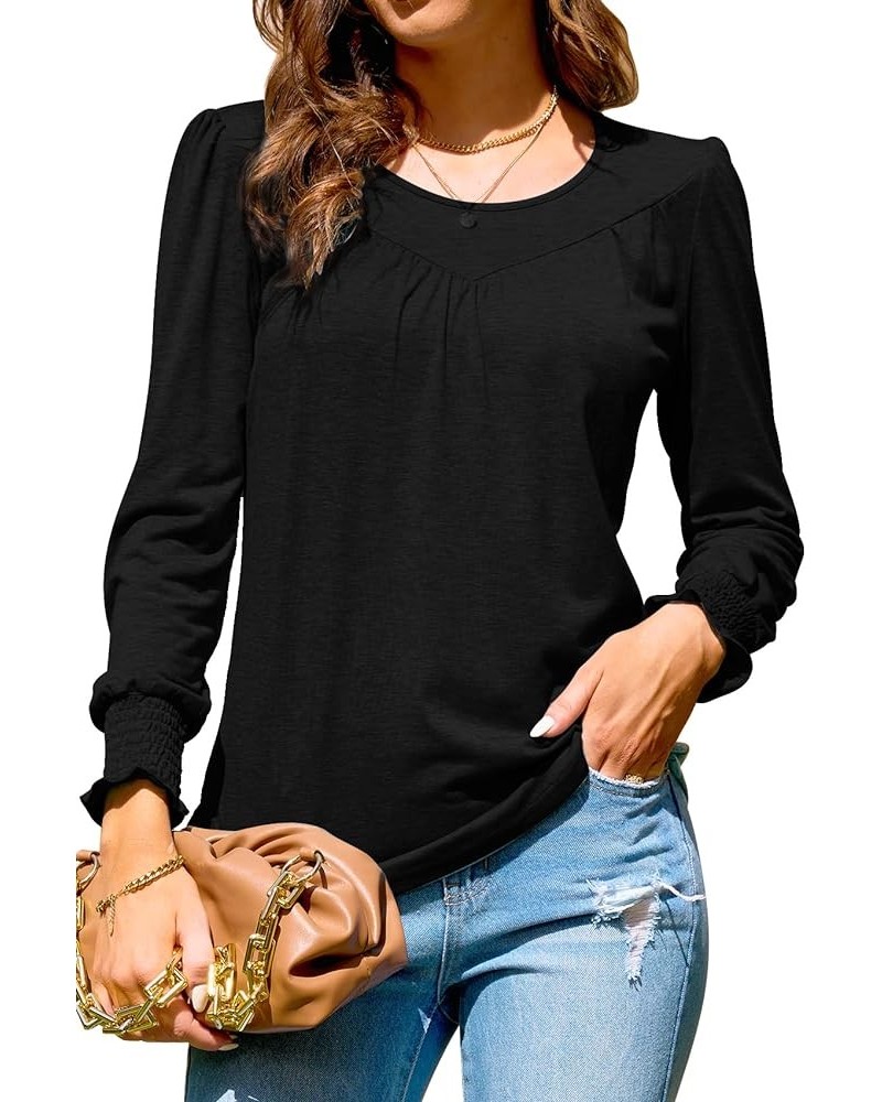 Womens Casual Long Sleeve Round Neck Tunic Tops Comfy Ruffle Cuffs Curved Hem Pleated Blouses T Shirt Slim Fit X01-1 $14.74 Tops