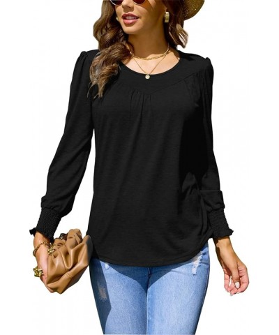 Womens Casual Long Sleeve Round Neck Tunic Tops Comfy Ruffle Cuffs Curved Hem Pleated Blouses T Shirt Slim Fit X01-1 $14.74 Tops