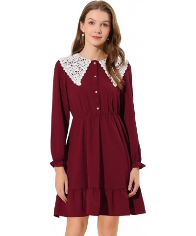 Women's Vintage Ruffle Hem Dresses A-Line Crochet Peter Pan Collar Dress Red $19.35 Dresses