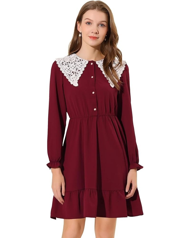 Women's Vintage Ruffle Hem Dresses A-Line Crochet Peter Pan Collar Dress Red $19.35 Dresses