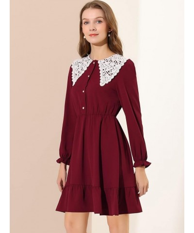 Women's Vintage Ruffle Hem Dresses A-Line Crochet Peter Pan Collar Dress Red $19.35 Dresses