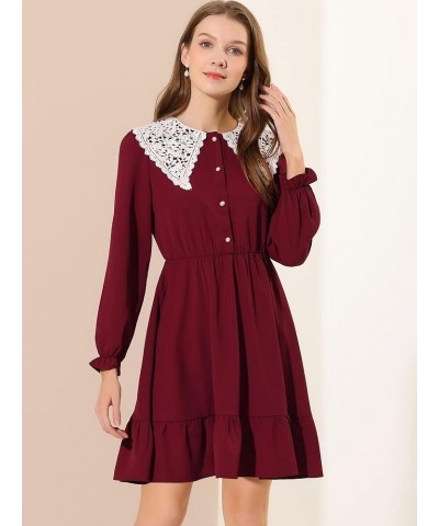 Women's Vintage Ruffle Hem Dresses A-Line Crochet Peter Pan Collar Dress Red $19.35 Dresses