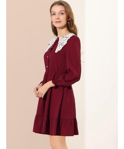 Women's Vintage Ruffle Hem Dresses A-Line Crochet Peter Pan Collar Dress Red $19.35 Dresses