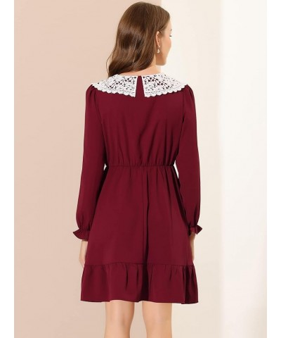 Women's Vintage Ruffle Hem Dresses A-Line Crochet Peter Pan Collar Dress Red $19.35 Dresses