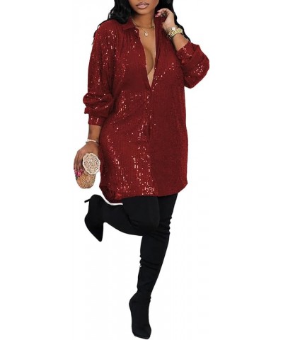 Womens Sequin Button Down Mini Dress Plus Size Sexy V Neck Long Sleeve Shirt Dresses Red $30.59 Dresses