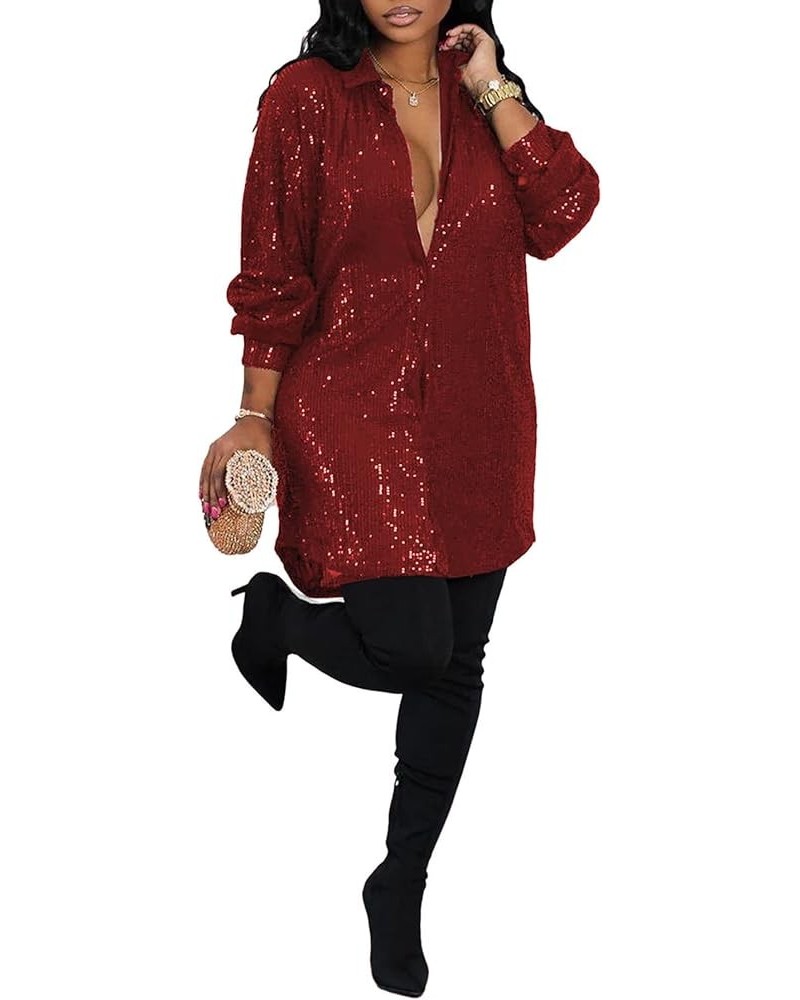 Womens Sequin Button Down Mini Dress Plus Size Sexy V Neck Long Sleeve Shirt Dresses Red $30.59 Dresses