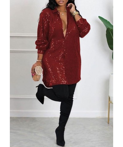 Womens Sequin Button Down Mini Dress Plus Size Sexy V Neck Long Sleeve Shirt Dresses Red $30.59 Dresses