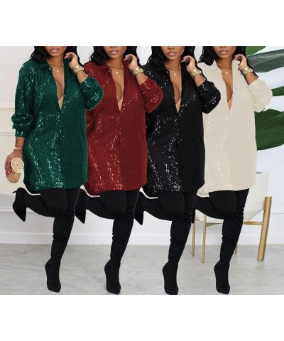 Womens Sequin Button Down Mini Dress Plus Size Sexy V Neck Long Sleeve Shirt Dresses Red $30.59 Dresses