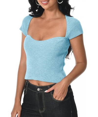 Women's Short Sleeve Crop Top Cute Sweetheart Neck Stretch Ribbed Knit Slim Fit Casual Going Out Basic Shirts Blouses Blue $1...