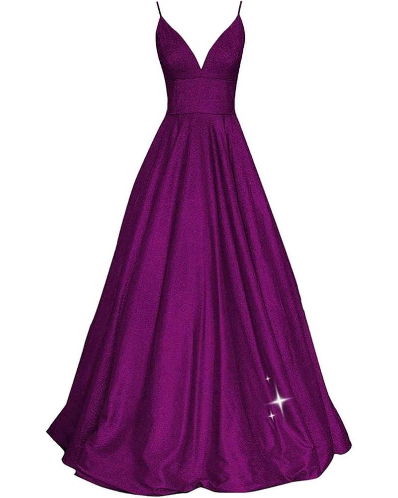 Women's Long Glitter Prom Dresses V Neck Backless Formal Evening Gown with Pockets RPM223 Purple $45.89 Dresses