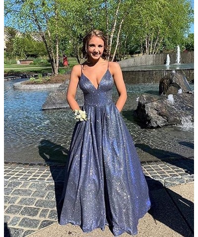 Women's Long Glitter Prom Dresses V Neck Backless Formal Evening Gown with Pockets RPM223 Purple $45.89 Dresses