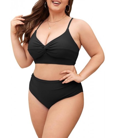 Plus Size Twist High Waisted Bikini Sets for Women Push Up Bikini Swimsuits Tummy Control 2 Piece Bathing Suit Solid:black $1...