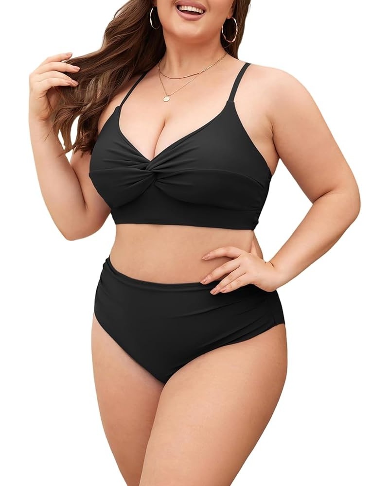 Plus Size Twist High Waisted Bikini Sets for Women Push Up Bikini Swimsuits Tummy Control 2 Piece Bathing Suit Solid:black $1...