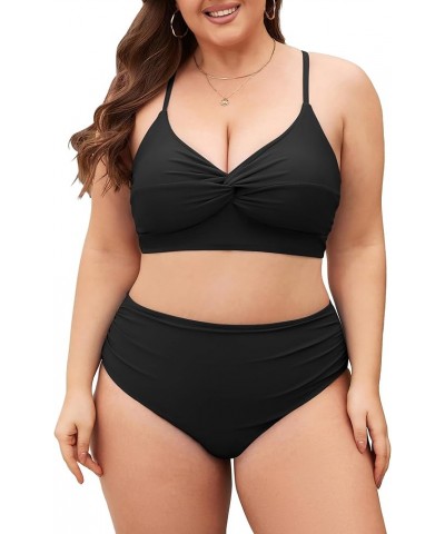 Plus Size Twist High Waisted Bikini Sets for Women Push Up Bikini Swimsuits Tummy Control 2 Piece Bathing Suit Solid:black $1...