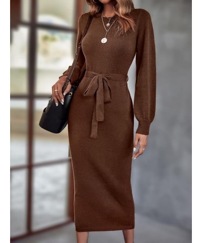 Womens Casual Knit Sweater Dress Lantern Sleeve Belted Long Sweater Dress Fall Winter for Home Medium Chocolate Brown $39.87 ...