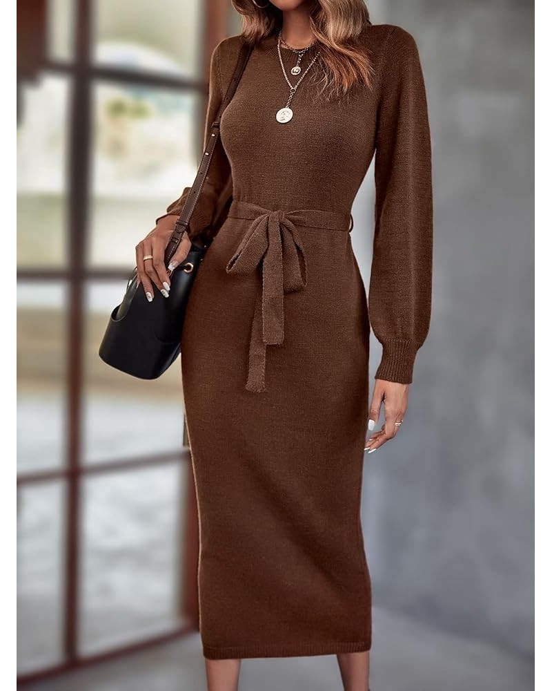 Womens Casual Knit Sweater Dress Lantern Sleeve Belted Long Sweater Dress Fall Winter for Home Medium Chocolate Brown $39.87 ...