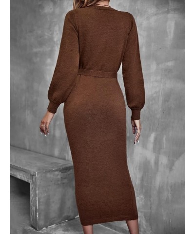 Womens Casual Knit Sweater Dress Lantern Sleeve Belted Long Sweater Dress Fall Winter for Home Medium Chocolate Brown $39.87 ...