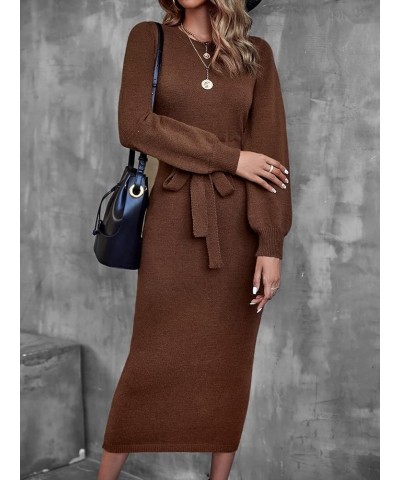 Womens Casual Knit Sweater Dress Lantern Sleeve Belted Long Sweater Dress Fall Winter for Home Medium Chocolate Brown $39.87 ...