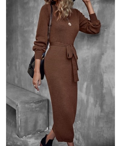 Womens Casual Knit Sweater Dress Lantern Sleeve Belted Long Sweater Dress Fall Winter for Home Medium Chocolate Brown $39.87 ...