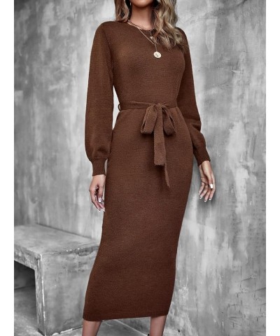 Womens Casual Knit Sweater Dress Lantern Sleeve Belted Long Sweater Dress Fall Winter for Home Medium Chocolate Brown $39.87 ...