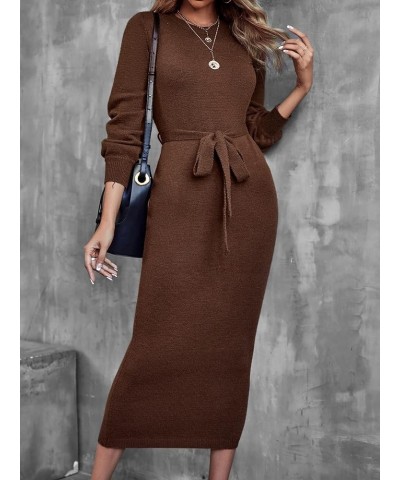 Womens Casual Knit Sweater Dress Lantern Sleeve Belted Long Sweater Dress Fall Winter for Home Medium Chocolate Brown $39.87 ...