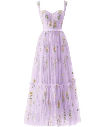 Tulle Flower Embroidery Prom Dresses Spaghetti Strap Fairy Ruched Formal Dresses Evening Party Gowns 2024 Purple $28.60 Dresses