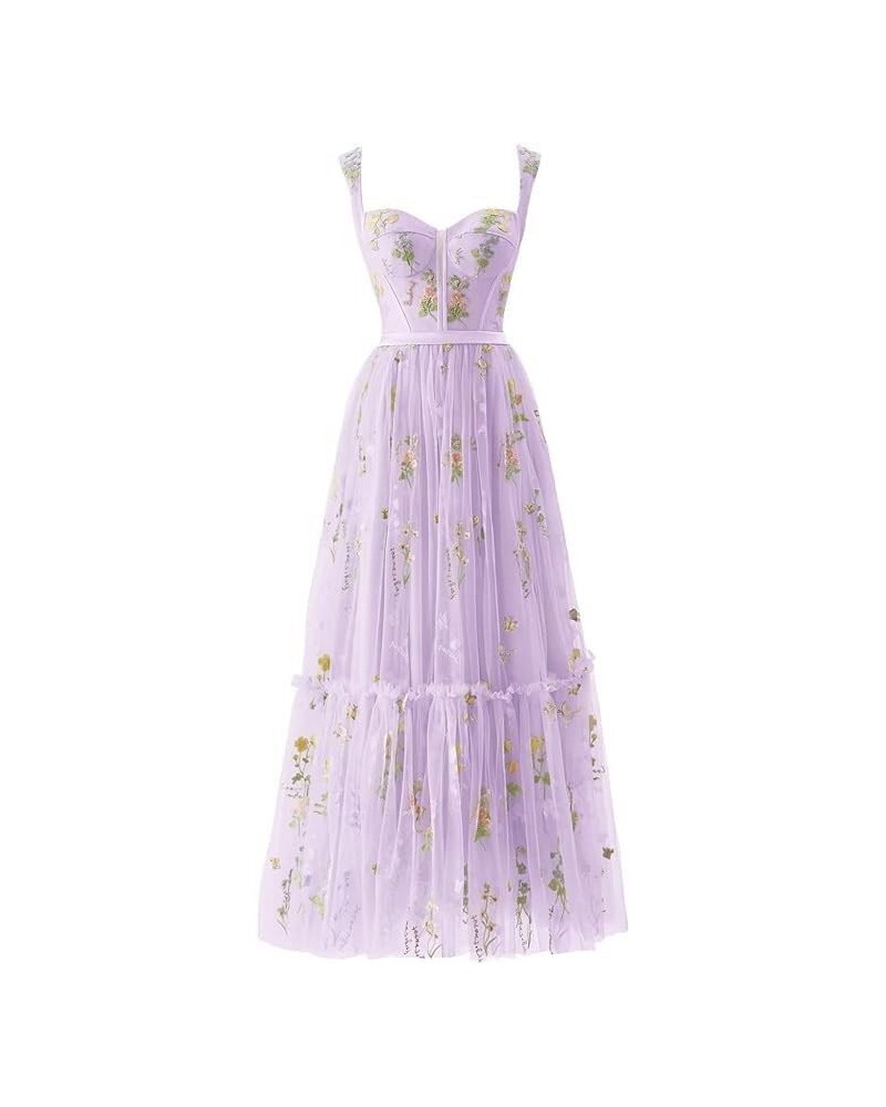 Tulle Flower Embroidery Prom Dresses Spaghetti Strap Fairy Ruched Formal Dresses Evening Party Gowns 2024 Purple $28.60 Dresses