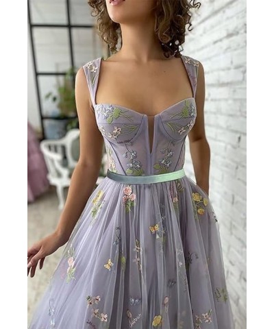 Tulle Flower Embroidery Prom Dresses Spaghetti Strap Fairy Ruched Formal Dresses Evening Party Gowns 2024 Purple $28.60 Dresses