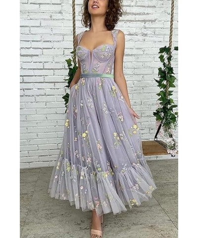 Tulle Flower Embroidery Prom Dresses Spaghetti Strap Fairy Ruched Formal Dresses Evening Party Gowns 2024 Purple $28.60 Dresses