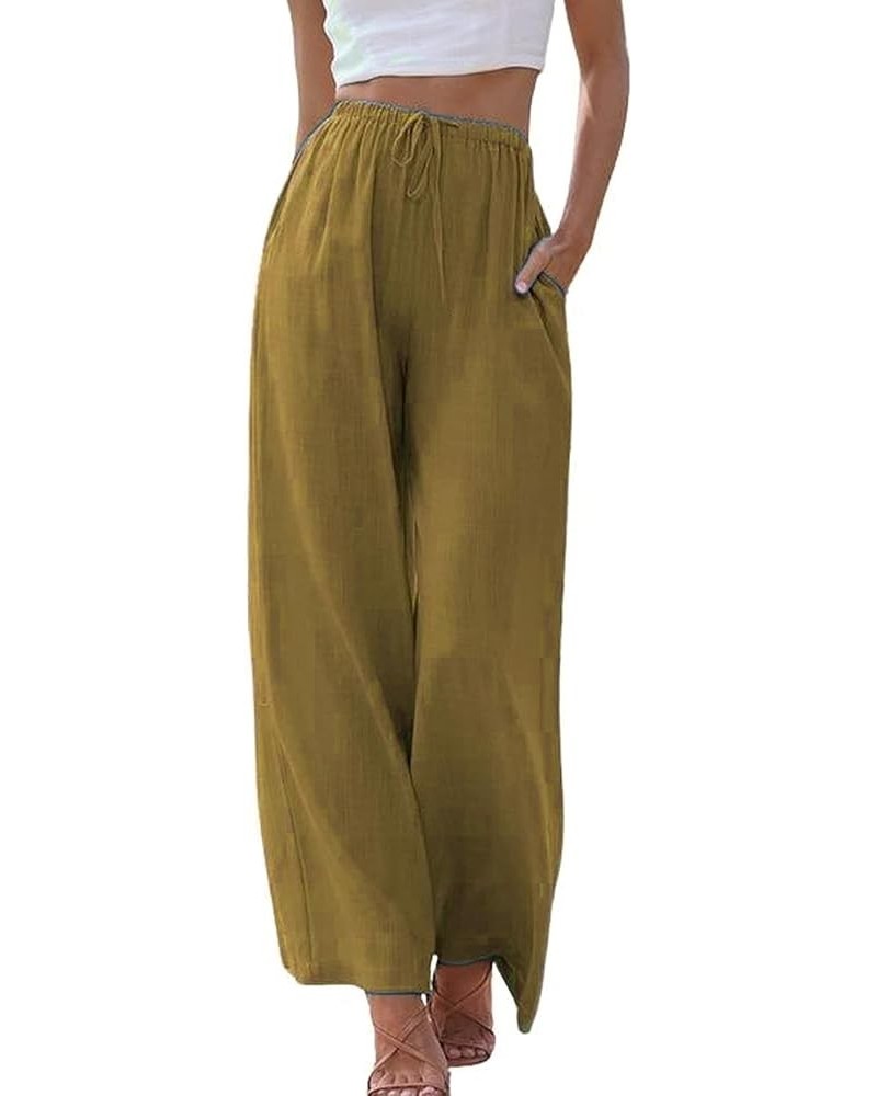 Women's Cotton Linen High Waist Wide Leg Pants Summer Beach Palazzo Pant Flowy Drawstring Trouser AP4 Camel $11.04 Pants