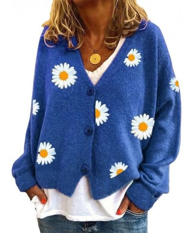 Women's Floral Print Cardigan Sweaters Long Sleeve V Neck Button Daisy Knit Cardigan Loose Cottagecore Sweater Top Daisy2-dar...