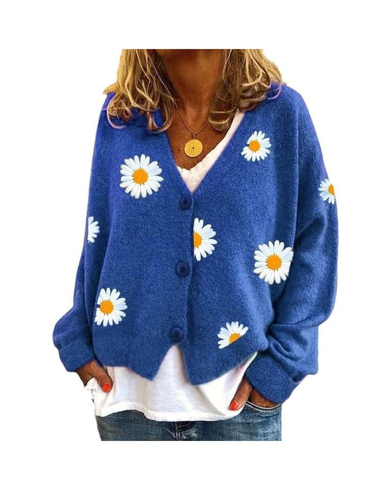 Women's Floral Print Cardigan Sweaters Long Sleeve V Neck Button Daisy Knit Cardigan Loose Cottagecore Sweater Top Daisy2-dar...