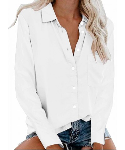 Button Down Shirts for Women Casual Long Sleeve Tunic Tops Loose Fit Collared Blouse Solid Work Business Tops W/Pocket A-whit...