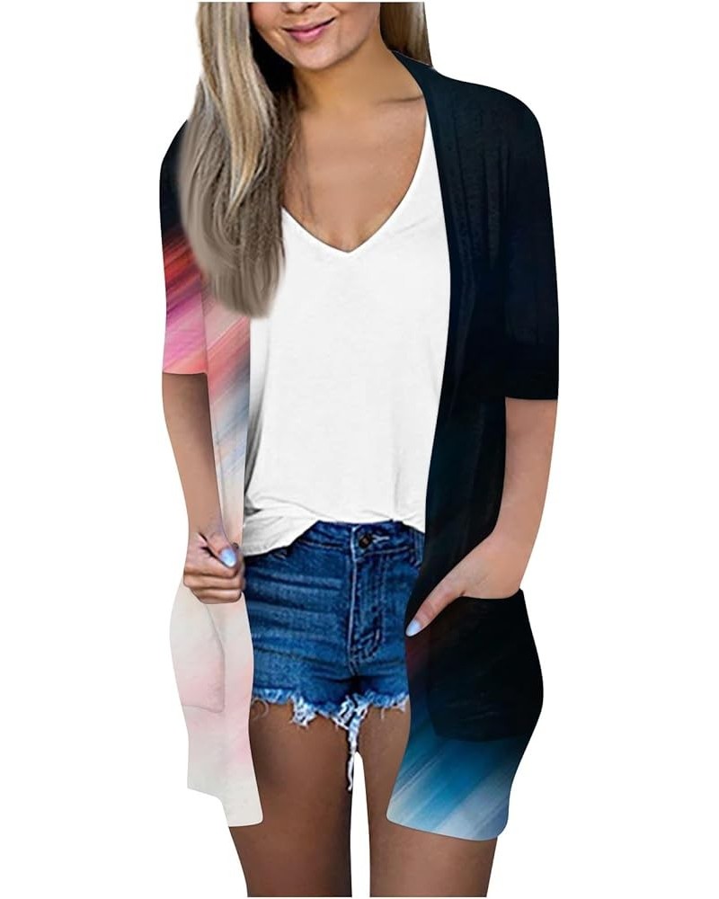 Plus Size Cardigan Lightweight Solid Color Fashion Loose Casual Cardigan 3/4 Length Sleeve Jacket Top with Pockets 03-blue $1...