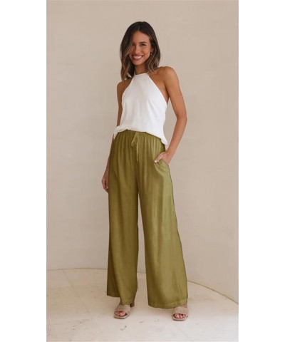 Women's Cotton Linen High Waist Wide Leg Pants Summer Beach Palazzo Pant Flowy Drawstring Trouser AP4 Camel $11.04 Pants