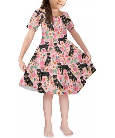 Girls Short Sleeve Dress Summer Twirly Skater Casual Dress for 3-14Years Rottweiler Dog Flower $10.00 Dresses